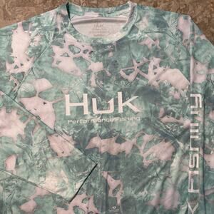 Huk Fishing Shirt Mens 2XL Green Teal Long Sleeve Mossy Oak Fracture Camo UPF
